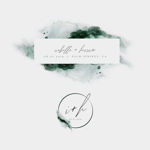 May include: Emerald green watercolor background with a white rectangle containing the text "isabella + harrison" and the date "08.07.2019" followed by "| PALM SPRINGS. CA". Below the watercolor is a black circle with the initials "i + h" and the date "08.07.2019" in white text. The text "UNMEASURED BRANDING" appears at the bottom of the image.