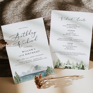 CLOVER Mountain Birthday Party Invitation & Itinerary Template, Lake Birthday Invitation, Camping Birthday, Skiing Birthday Snowboarding