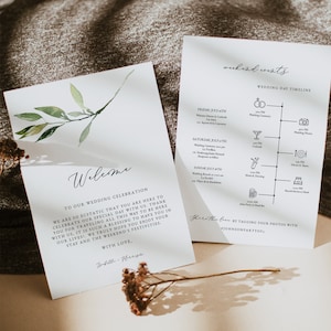 Modelo de carta de boas-vindas e itinerário para casamento ISABELLA Greenery, cartão de boas-vindas para jardim, cronograma de casamento minimalista e verde, boas-vindas para casamento
