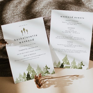 JENNA Mountain Bachelorette Party Invitation Template, Pine Tree Bachelorette Weekend Itinerary, Camping Bachelorette Invite Glamping DIY