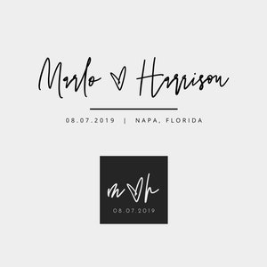 May include: Wedding logo design with the text "Merlo Harrison" and a heart symbol. The logo also includes a monogram with the initials "M" and "H" with a heart symbol and the date "08.07.2019".