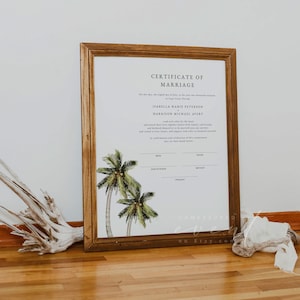 MONA Tropische Heiratsurkunde Vorlage, druckbare Heiratsurkunde Andenken Modernes minimalistisches Strand Hochzeit Andenken Ziel