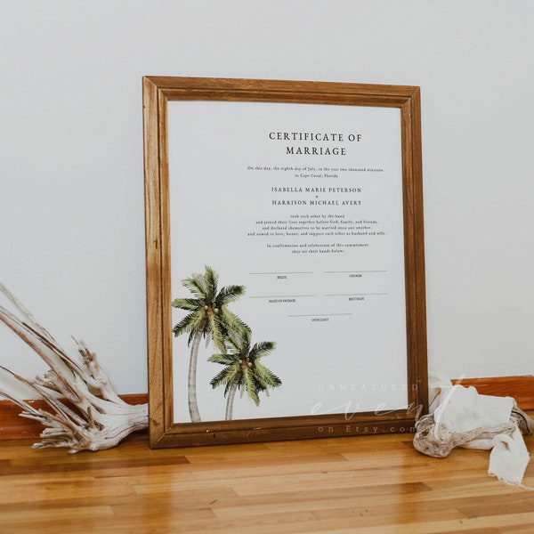 MONA Tropical Marriage Certificate Template, Printable Marriage Certificate Keepsake Modern Minimalist Beach Wedding Keepsake Destination