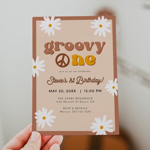 STEVIE Groovy One Birthday Invitation Template, Daisy Birthday Invitation Printable, 70&#39;s 1st Birthday Invite, Peace Birthday Invitation DIY