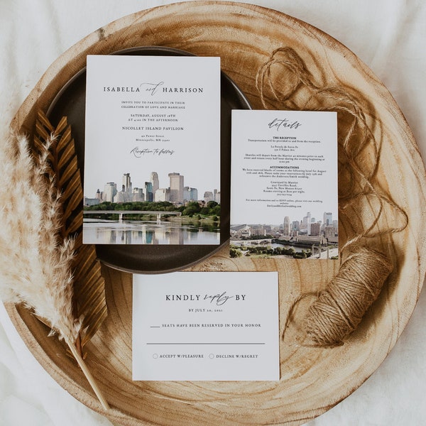 MINNEAPOLIS Wedding Invitation Template Suite, Watercolor Minneapolis Skyline Destination Wedding Invite Printable, City Skyline Minnesota