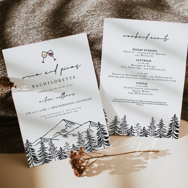ANTORA Wine and Pines Bachelorette Invitation Template, Ski, Snowboarding Bachelorette Flannel and Fizz Party on the Peaks Mountain Evite