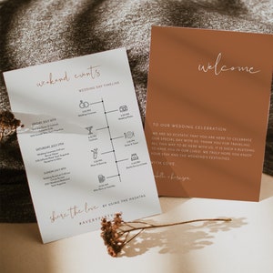 Modello di lettera di benvenuto e itinerario per matrimonio CORIANDER, biglietto di benvenuto per matrimonio arancione bruciato, cronologia di matrimonio boho minimalista moderno fai da te