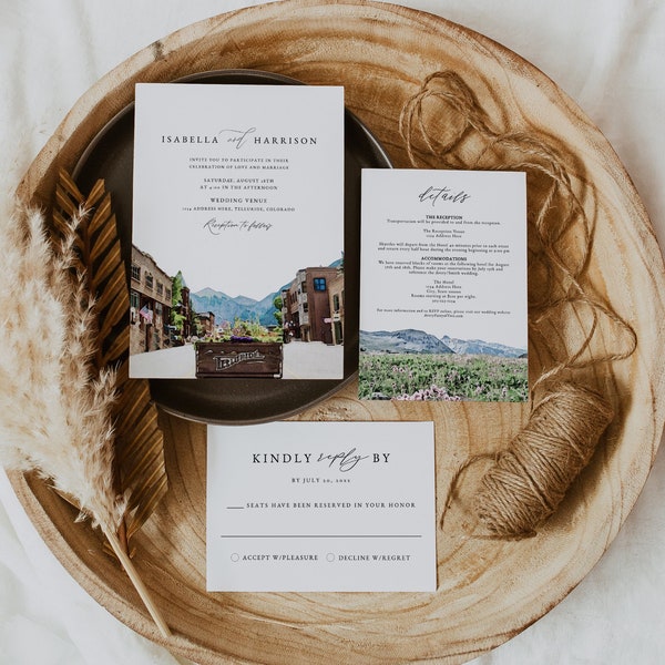 TELLURIDE COLORADO Wedding Invitation Template Suite, Mountain Destination Wedding Invite Printable Set, Ski Themed Wedding Invite Kit DIY