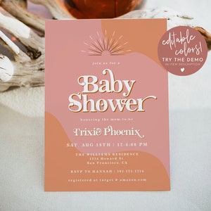 Baby Shower Invitation Template, 70&#39;s Themed Baby Shower, Retro Baby Shower Invite, Eclectic Baby Shower, Funky 70&#39;s Invite Evite TRIXIE