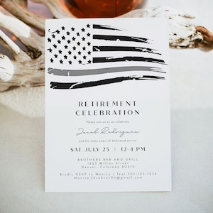 May include: A white invitation card with a distressed American flag design in black and gray. The card announces a retirement celebration for Jacob Rodrigues, with the date, time, and location details.