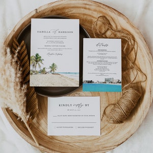 CANCUN Beach Watercolor Destination Wedding Invitation 3 Piece Suite Templates