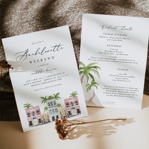 FIONA Charleston Bachelorette Invitation & Itinerary Template, Charleston Invitation, Rainbow Row Invitation, Tropical Bachelorette Invite