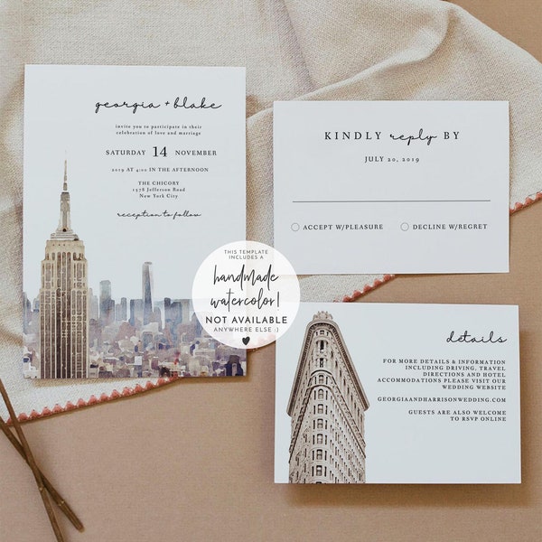 NEW YORK CITY Wedding Invitation Template Suite, New York Skyline Wedding Invitation, Nyc Skyline, Watercolor New York Empire State Set