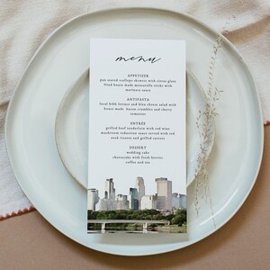 Plantilla de menú de MINNEAPOLIS, menú imprimible con vista panorámica de la ciudad, descarga instantánea del menú de cena de Minnesota, menú editable para bodas en destinos turísticos