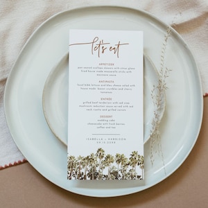 JADE palmboom bruiloft menusjabloon, tropische bruiloft menu afdrukbaar, Boho Beach menukaarten direct downloaden, Palm Springs Menu DIY