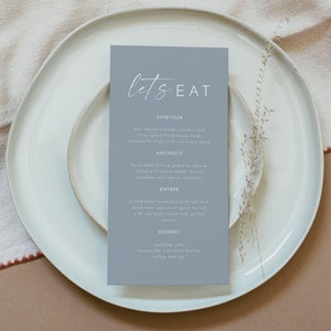 Modelo de menu de casamento KENNEDY Dusty Blue, menu de mesa azul-celeste para impressão, menu de chá de bebê moderno e contemporâneo, editável instantaneamente
