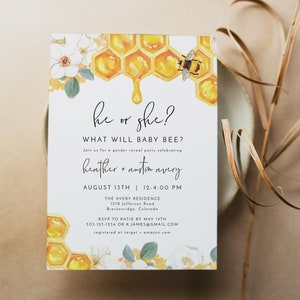 ROMY Bee Gender Reveal Invitation Template, Honey Gender Reveal Invite, Fall Gender Reveal Invitation Evite, Bumble Bee and White Floral DIY