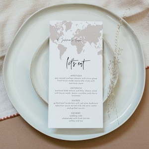 Modello di menu QUINN, menu di nozze con mappa del mondo Blush stampabile, menu con mappa in oro rosa, menu per feste di pensionamento, tema di viaggio per matrimoni di destinazione