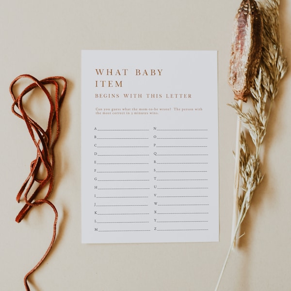 MIA ABC Baby Shower Game, What Baby Item Begins With This Letter, Burnt Orange Baby Shower, Terracotta Baby Shower, Modern Minimalist Boho