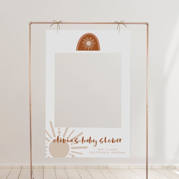 TINLEY Photo Prop Frame Template, Boho Rainbow Baby Shower Photo Frame Prop Printable, Terracotta Photo Booth Frame Prop Bohemian Sun DIY