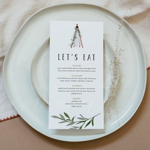 Plantilla de menú de cena con tipi bohemio y vegetación de acuarela de HANNA