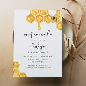 ROMY Bee Birthday Invitation Template, Bumble Bee Birthday Invitation, First Birthday Invitation Girl, Honey Birthday Invite Printable DIY