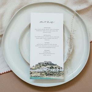 Modèle de Menu de mariage RHODES, cartes de Menu de mariage aquarelle Rhodes Skyline, Grèce Destination mariage Menu imprimable voyage sur le thème grec