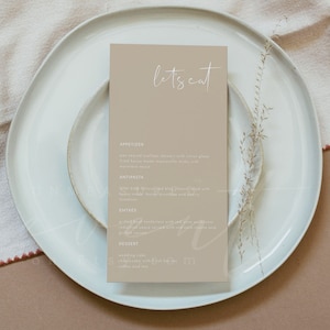INDIE Boho Wedding Menu Template, Printable Wedding Menu, Taupe Wedding Menu, Simple Menu Cards Instant Download Modern Minimalist