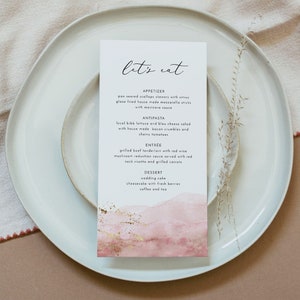 JULIEN Blush Aquarell Hochzeit Menüvorlage, Druckbare Menükarten, Rosa und Gold Menü, Brautparty Junggesellinnenparty Menü, Babyparty