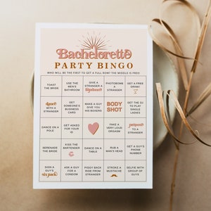 Juego de bingo para despedidas de soltera, juegos de despedida de soltera retro, juegos de barra de despedida de soltera con temática de los años 70, descarga instantánea, Sunburst editable TRIXIE