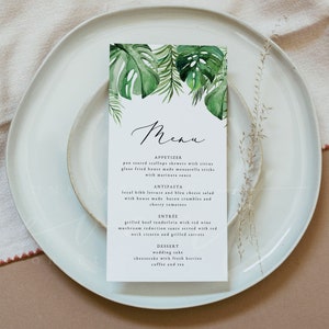 Szablon menu weselnego Tropical, karty menu akwarelowe Palm natychmiastowe pobranie, menu weselne na plaży, menu prysznica Tropical do wydrukowania na wyspie CORA