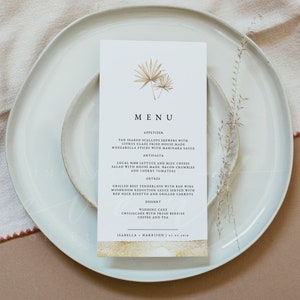 Modèle de menu de mariage feuille de palmier sec FREYA, cartes de menu bohème imprimables, cartes de menu de mariage aux tons terre, menu de table tropical bricolage instantané