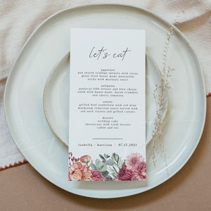 Modèle de Menu de mariage MARGOT, menu de mariage imprimable, cartes de menu fleurs australiennes, cartes de menu botanique bohème bourgogne protéa flore bricolage