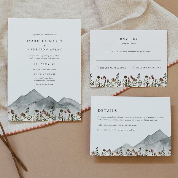 HEIDI Mountain Wedding Invitation Template Suite, Wildflower Wedding Invitation Set, Boho Wedding Invite, Bohemian Woodland Rustic Instant