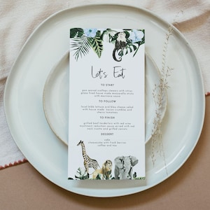 Modello di menu Safari AMARA, Schede di menu stampabili per baby shower, Schede di menu a tema giungla floreale blu, Baby shower per bambini, compleanno leone elefante