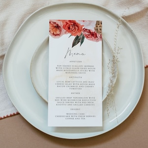 Modelo de menu de casamento de outono LYRA, menu floral de outono para impressão, cartões de menu Boho, menu de casamento longo para download instantâneo editável, menu de mesa