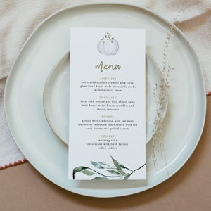 Modèle de menu citrouille TERA, cartes de menu citrouille blanches imprimables, téléchargement immédiat de menu de mariage, menu d'automne, menu de Thanksgiving, menu de douche