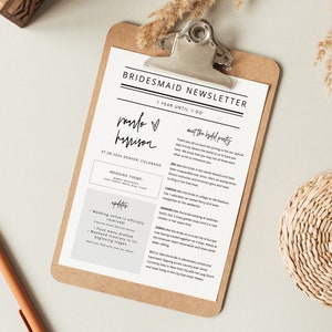 May include: A bridesmaid newsletter for a wedding in Denver, Colorado on July 8, 2020. The newsletter includes the wedding theme, details about the wedding venue, and introductions to the bridesmaids. The text includes the bride and groom's names, "Marlo & Harrison", and the wedding theme, "Wedding Theme: Chestnut Grove Minimalism. Color Palette: White, Grey, Cream."