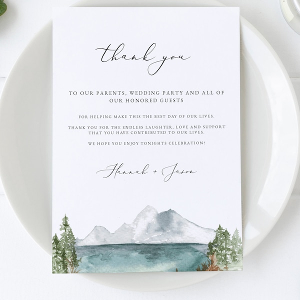 CLOVER Berg Hochzeit Tisch Dankeschön Kartenvorlage, Bergsee Hochzeit Dankeschön Karte druckbar, Sofort Download Dankeschön Karten