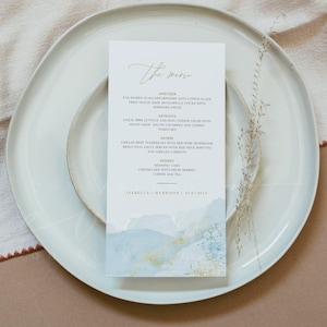 Szablon menu weselnego GEMMA, drukowane menu weselne, karty menu akwarelowe oceaniczne, niebieskie akwarelowe menu plażowe, tropikalne menu weselne prysznic