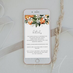Plantilla de tarjeta de detalles electrónicos, mensaje de texto con detalles de Little Cutie, descarga instantánea, información de boda de naranja cítrica y fruta clementina CALLIOPE