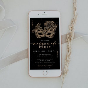 CELINE Masquerade Party Invitation Template, Masquerade Text Message Invitation, Gold Masked Party Evite Instant Download, French Party DIY