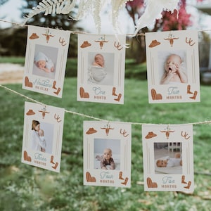 First Birthday Photo Banner, Western 1st Birthday Photo Banner, Cowboy Monthly Milestone Photo Cards, Gender Neutral Photo Cards WYNONA