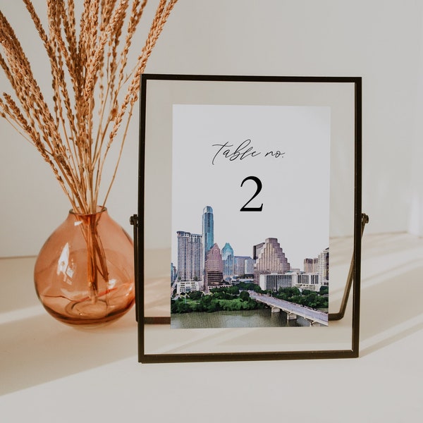 AUSTIN Texas Table Number Template, Austin City Skyline Wedding Table Number Cards, Destination Travel Themed Adventure Table Header Card