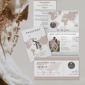 QUINN Passport Wedding Invitation Template Suite, Travel Themed Wedding Invitation Set, Adventure Wedding Invite, Blush Map Boarding Pass