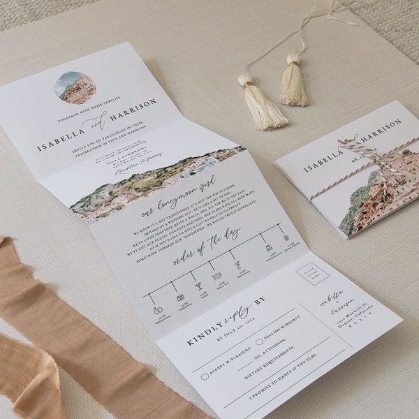 AMALFI COAST Konzertina Hochzeitseinladungsvorlage, Italien Akkordeon Hochzeitseinladung, Zielort gefaltet einladen, All in One Trifold DIY