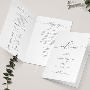 Könnte beinhalten: Ein Programm für eine Hochzeitszeremonie mit weißem Hintergrund und schwarzem Text. Das Programm enthält einen Zeitplan für den Hochzeitstag, eine Liste der Hochzeitsgesellschaft und eine Willkommensnachricht für Isabella Jacobson und Harrison Avery. Die Hochzeit findet am 19. August 20XX in Saint Augustine, Florida, statt.