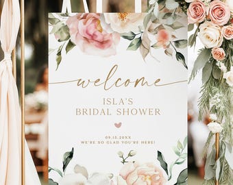 ISLA Blush vrijgezellenfeest welkomstbord sjabloon, roze bloemen vrijgezellenfeest welkomstbord afdrukbaar, stoffige roze en gouden bruidsbrunchborden