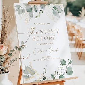 Elegant greenery and gold the night before wedding rehearsal dinner welcome sign printed and shipped