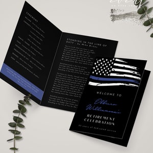 May include: A black and white American flag with a blue line running diagonally across it. The text "Welcome to Officer Williamson's Retirement Celebration 25 years of dedicated service" is printed below the flag.